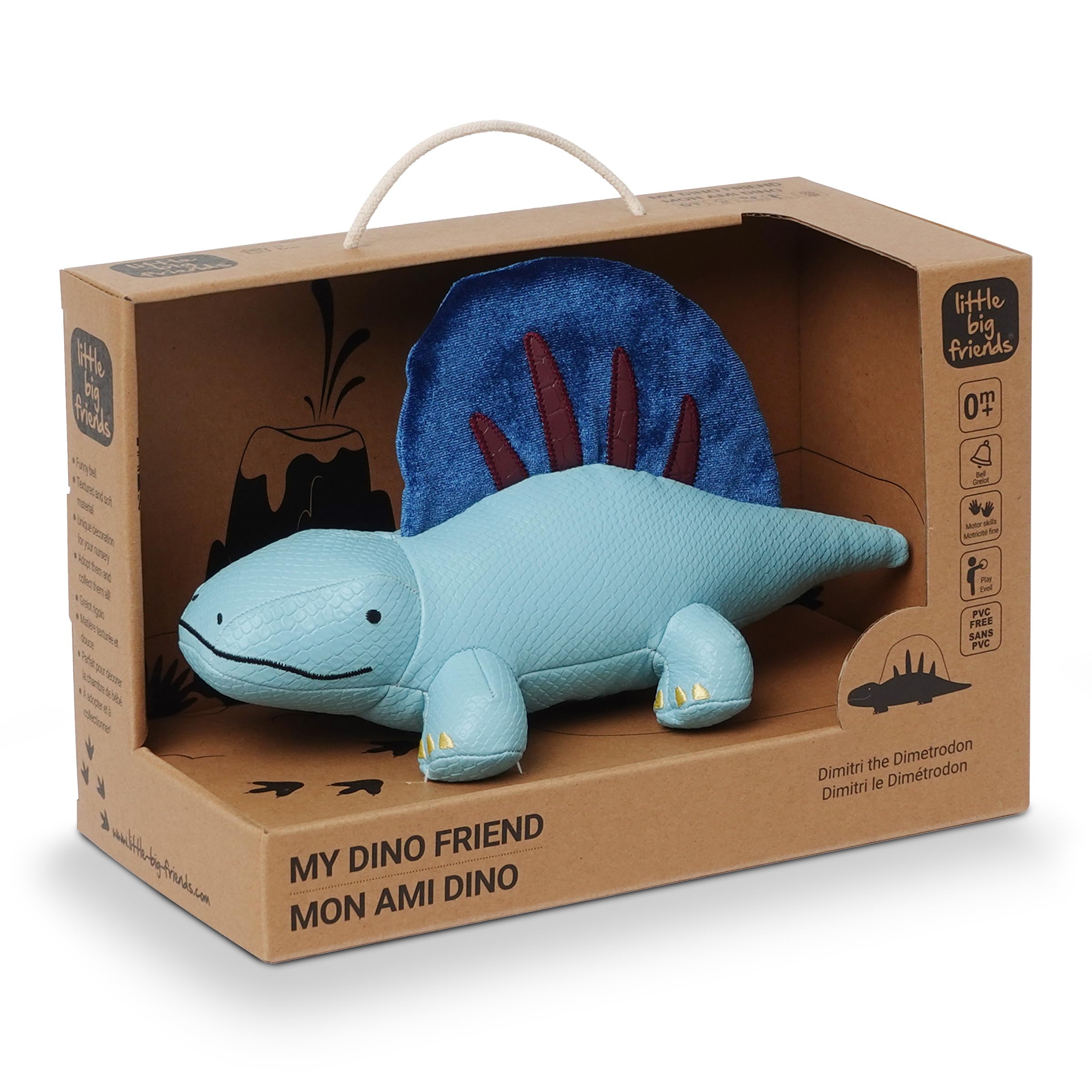 Little Big Friends Dino Friends | Stimulate the Senses with Colors, Textures & a Tinkling Bell | Vegan Leather | Easy to Clean | Dimitri the Dimetrodon
