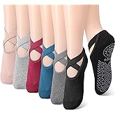 Geyoga 6 Pairs Pilates Socks for Women Non-slip Yoga Socks with Grip Strap for Barre Ballet Dance Barefoot Workout Plasticity