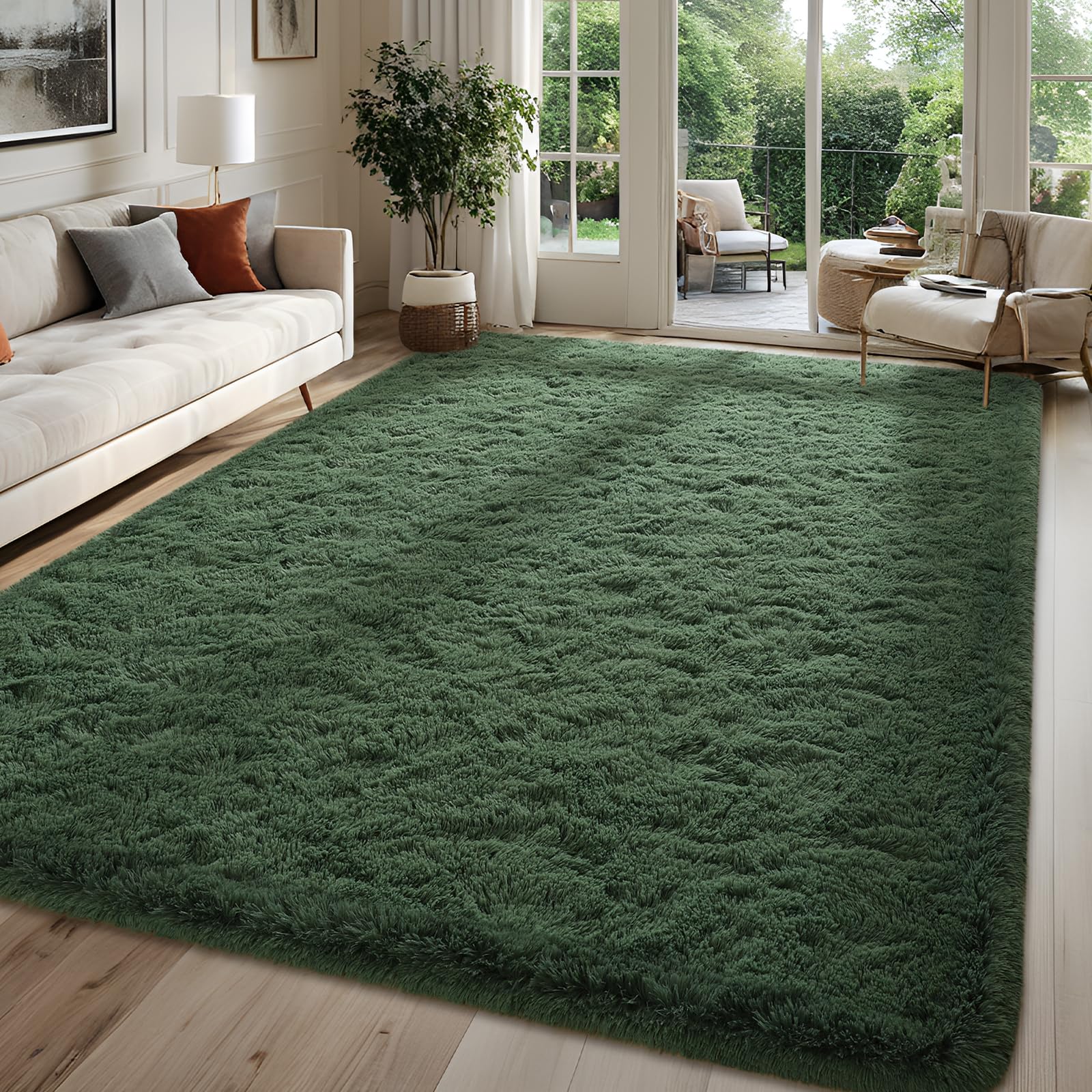 FALARK Fluffy Dark Green Rugs for Bedroom Living Room, 3x5 Feet Area Rug for Boys Kids Girls Bedroom, Soft Shaggy Plush Cute Floor Carpet for Baby Nursery, Non-Slip and Washable Carpets for Home Decor