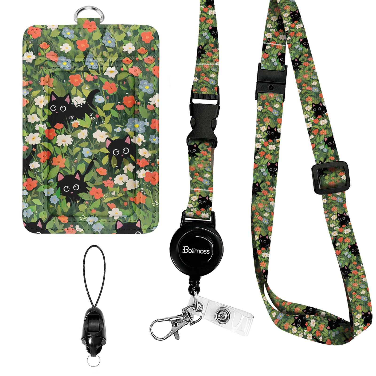 Photo 1 of bolimoss Black Cat Lanyard with ID Holder, Cute Flower Leather ID Name Badge Card Holder with Adjustable Retractable Lanyards, Breakaway Lanyards with Swivel Metal Clasp for Women Nurse Teacher
