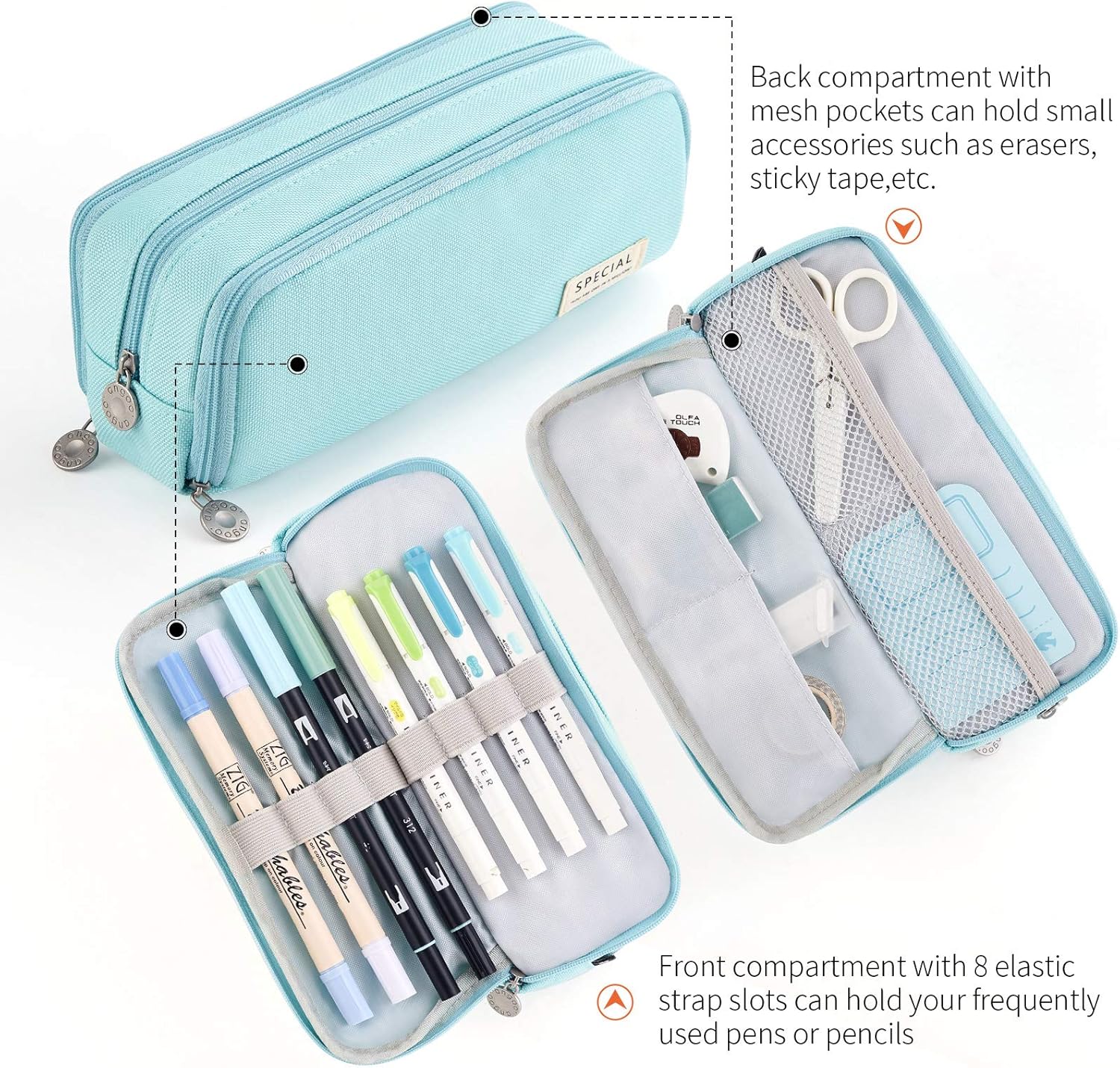 CICIMELON Pencil Case Large Capacity Pencil Pouch 3 Compartments Pencil Bag Gift for Students Girls Adults Women(Light Blue) - Image 4