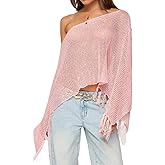 SOLILOQUY Women Sequin Knit Poncho Fringe Hem Off Shoulder See-through Crochet Cape Sheer Shrug Lightweight Beach Cover Ups