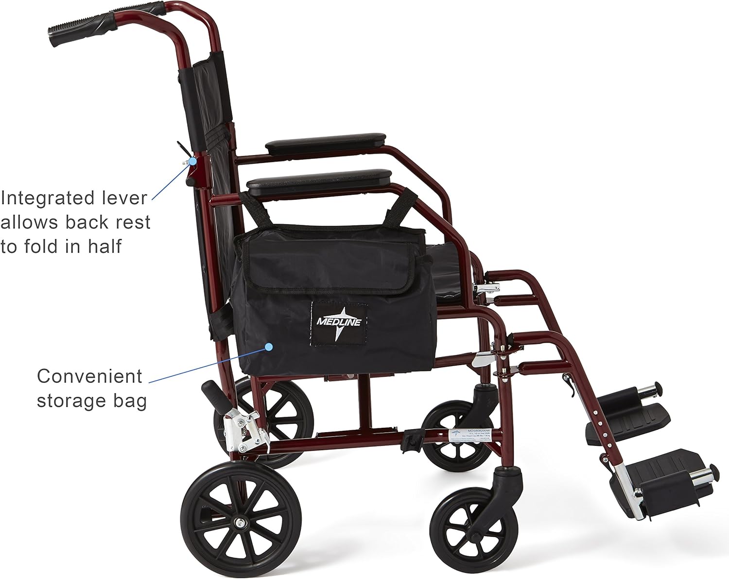 Medline Lightweight Steel Transport Chair, 19" Wide Seat,Desk-Length Arms, Swing Away Footrests, Burgundy Frame: Health & Personal Care