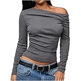 RoseSeek Women's Elegant Off The Shoulder Tops Long Sleeve Ruched Fitted Crop Tops Going Out T Shirts