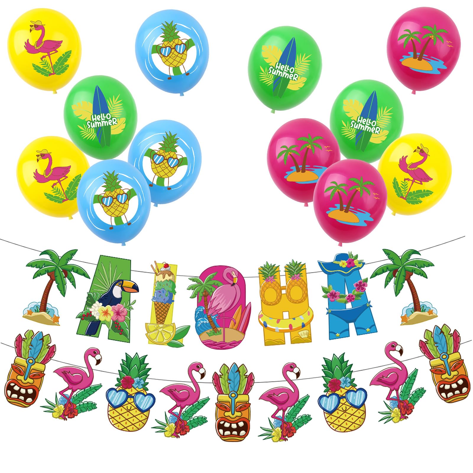 Hawaii Tropical Decorations Hawaiian Party Pack,1pcs Aloha Hawaii Banner and 12pcs 12inch Pineapple Palm Leaves Flamingo Balloons for Summer Beach Hawaiis Decorations Party Supplies
