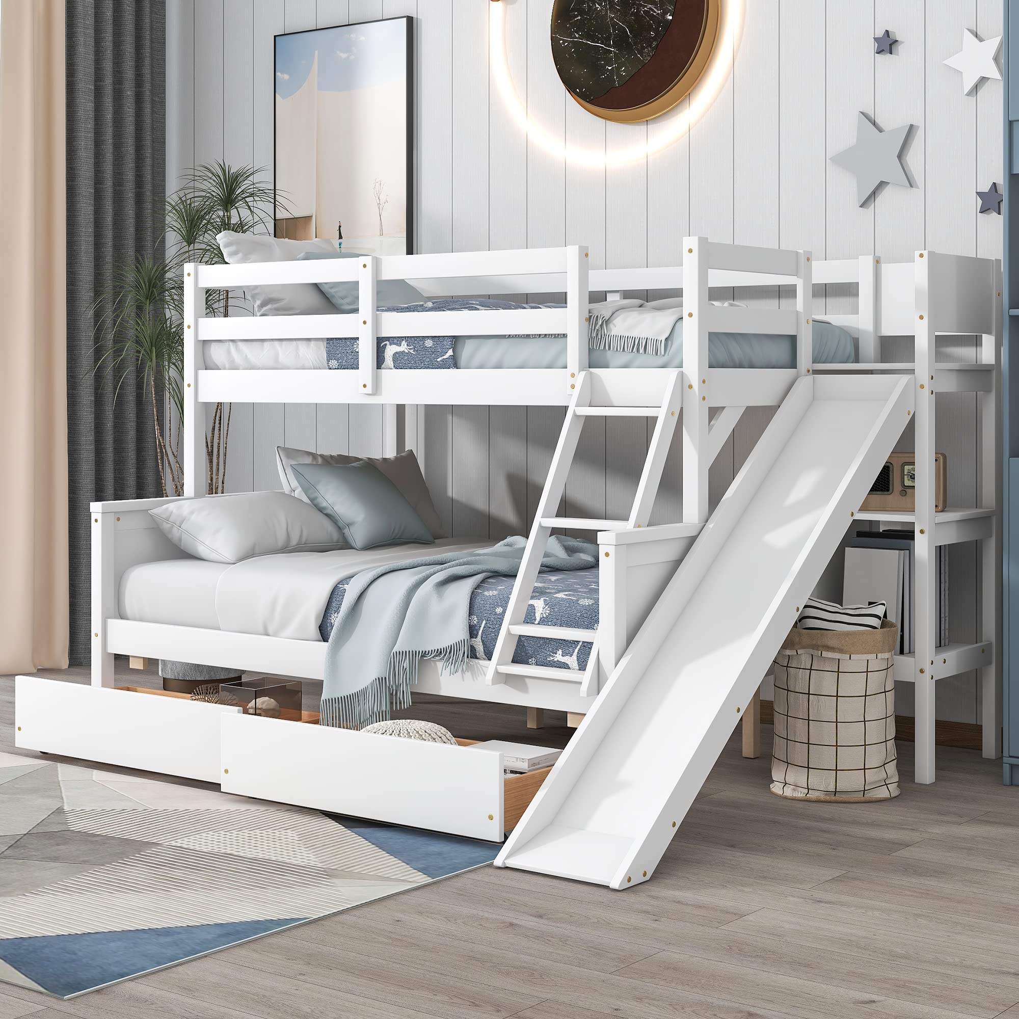 Photo 1 of
***Box 2 of 2****
KEIKI Twin Over Full Bunk Bed with Slide & 2 Drawers & Shelves, Rubber Wood Bunk Bed Frame for Kids Boys Girls Teens, White