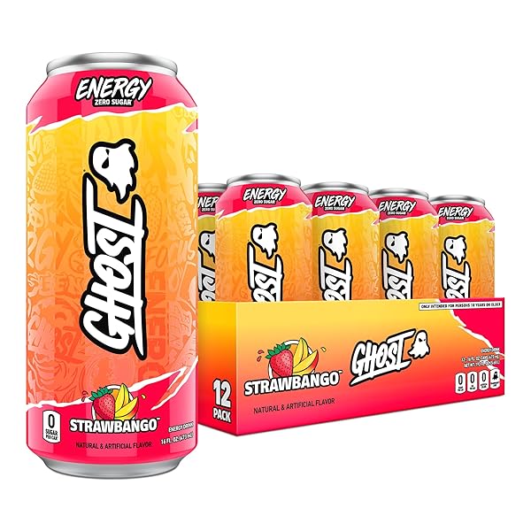 GHOST ENERGY DRINK – 12-PACK, STRAWBANGO, 16OZ – ENERGY & FOCUS & NO ARTIFICIAL COLORS – 200MG OF NATURAL CAFFEINE, L-CARNITINE & TAURINE – GLUTEN-FREE & VEGAN