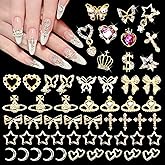 120 Pcs Gold Nail Charms, Gold Bow Heart Star Crown Butterfly Planet Dollar Y2K Nail Charms and Gems, 3D Golden Charm for Nails Art DIY