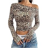 Floerns Women's Leopard Print Asymmetrical Neck Crop Tops Ruched Long Sleeve Tee Shirts
