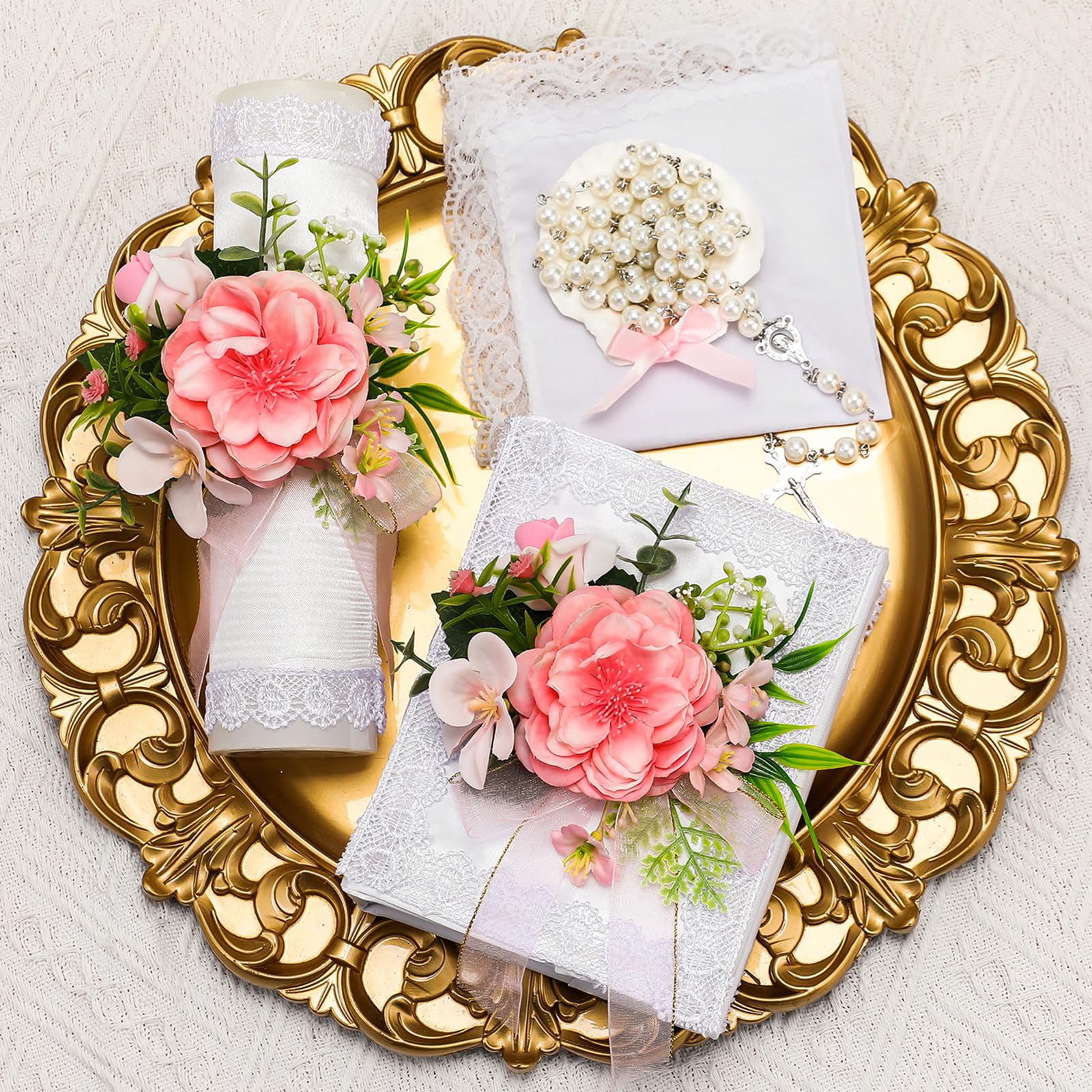 Photo 1 of Threlaco 5 Pcs Baptism Candle Set for Boys Girls Included Catholic Devotional Candle with Flower, Baptism Towel, Rosary, Bible for Christenings Baptismal Party Favors(Pink)