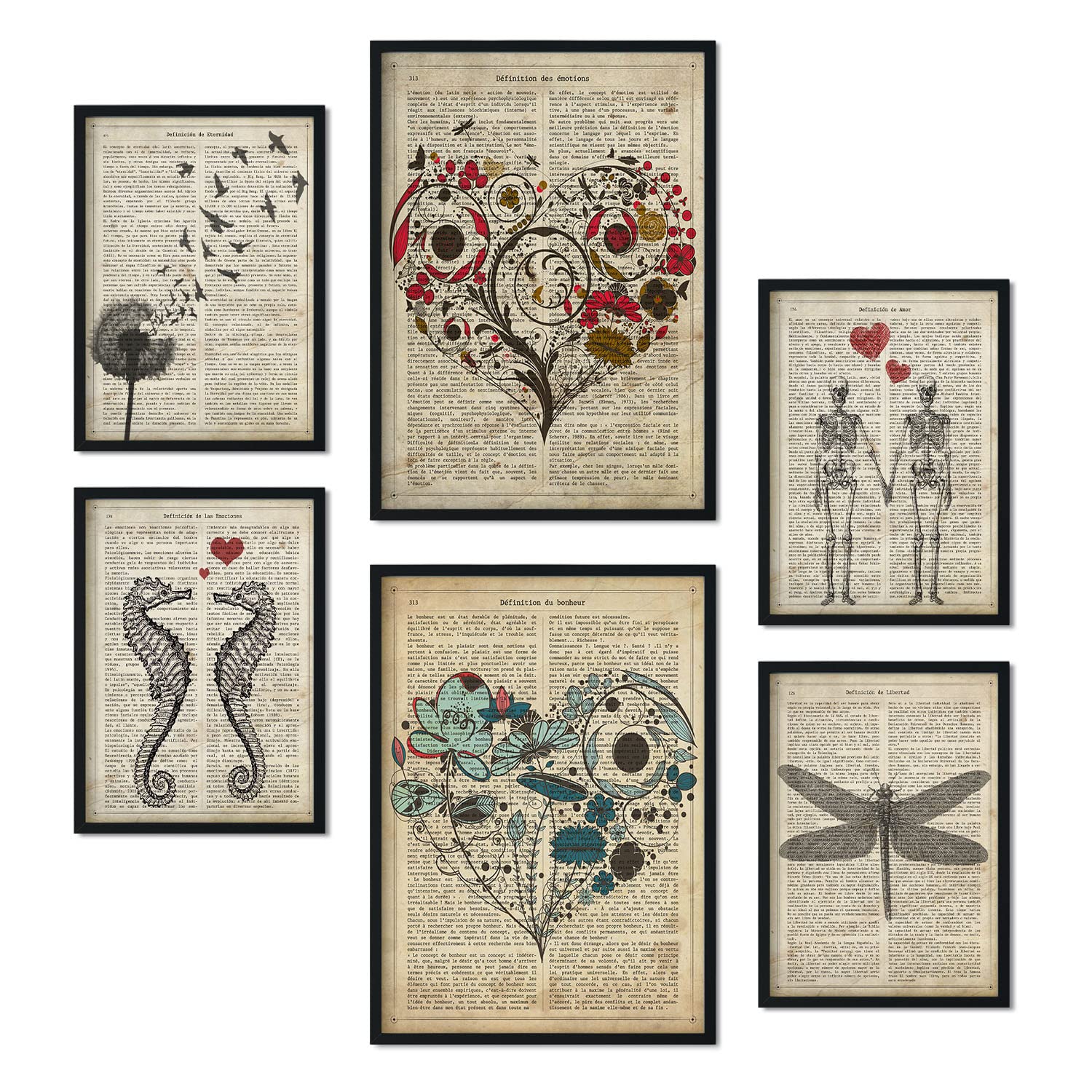 Nacnic Set of 6 posters Vintage Text Love. Collection of posters in collage aesthetic for interior decoration. Sizes A3 and A4. Frameless.