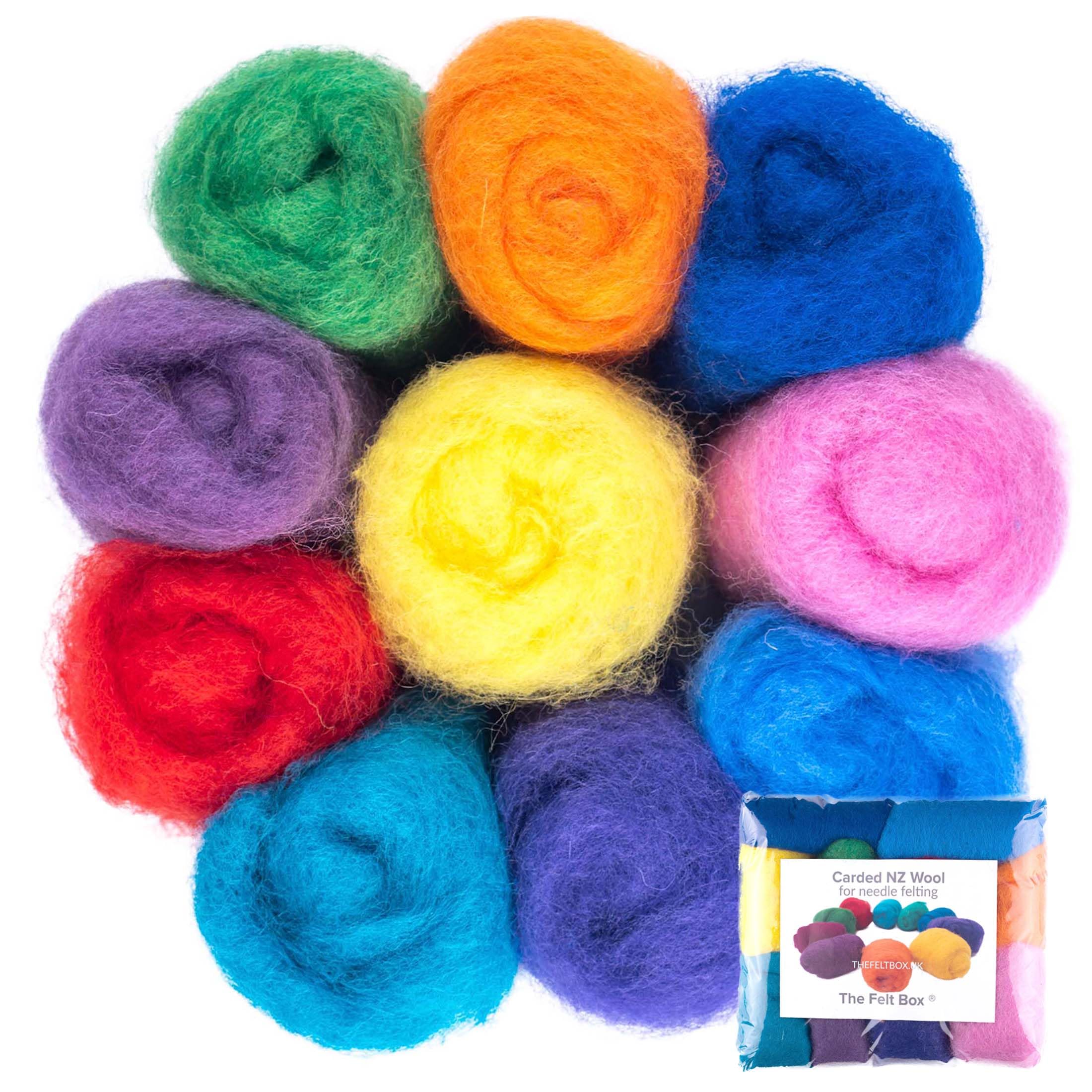 The Felt Box Needle Felting Wool – Bright Shades Pack 100g (3.5oz) Carded Batts | Short Coarser Fibres for Needle & Wet Felting, Core Wool & Finishing Wool