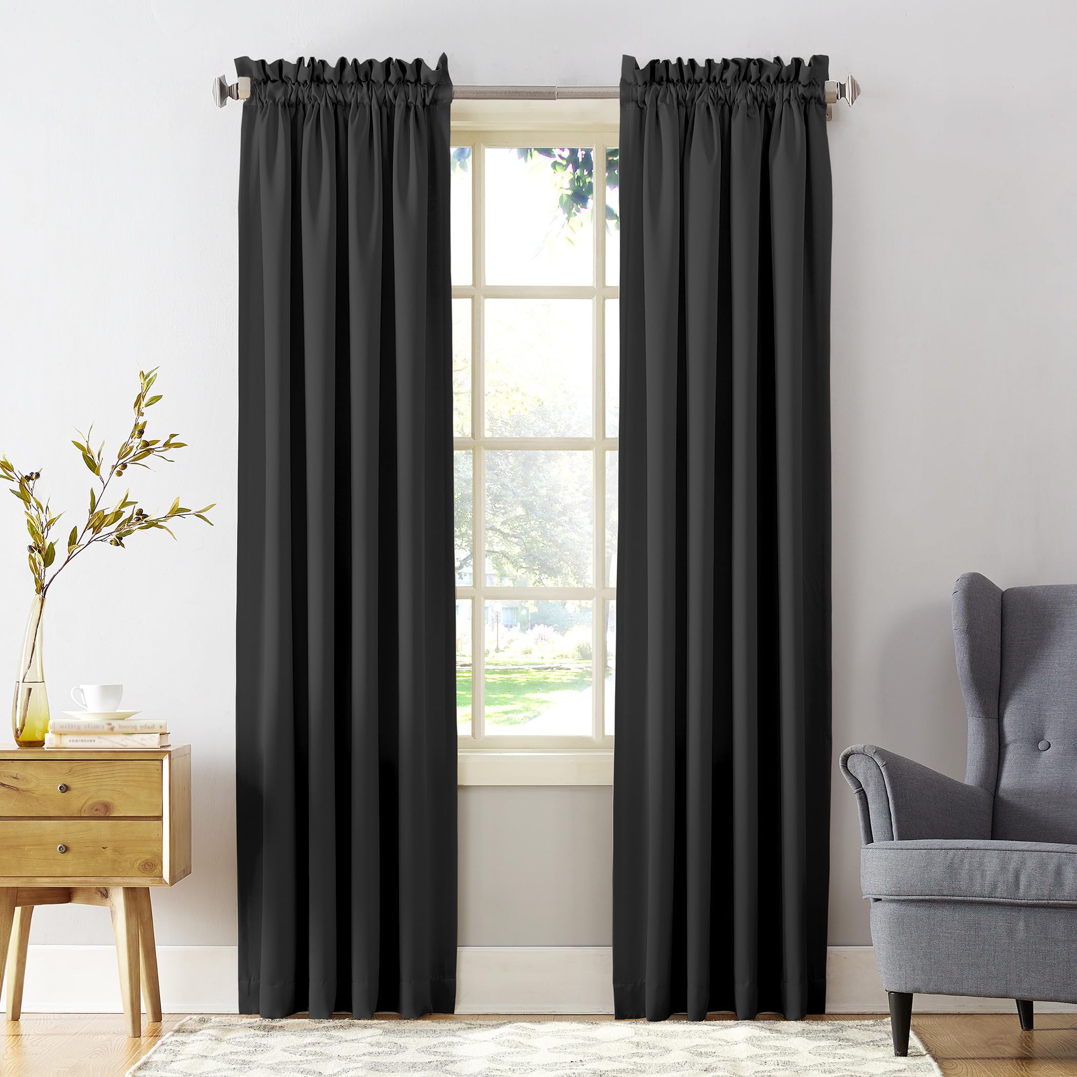 Sun Zero Barrow Energy Efficient Rod Pocket Curtain Panel Pair, 54" x 63", Black
