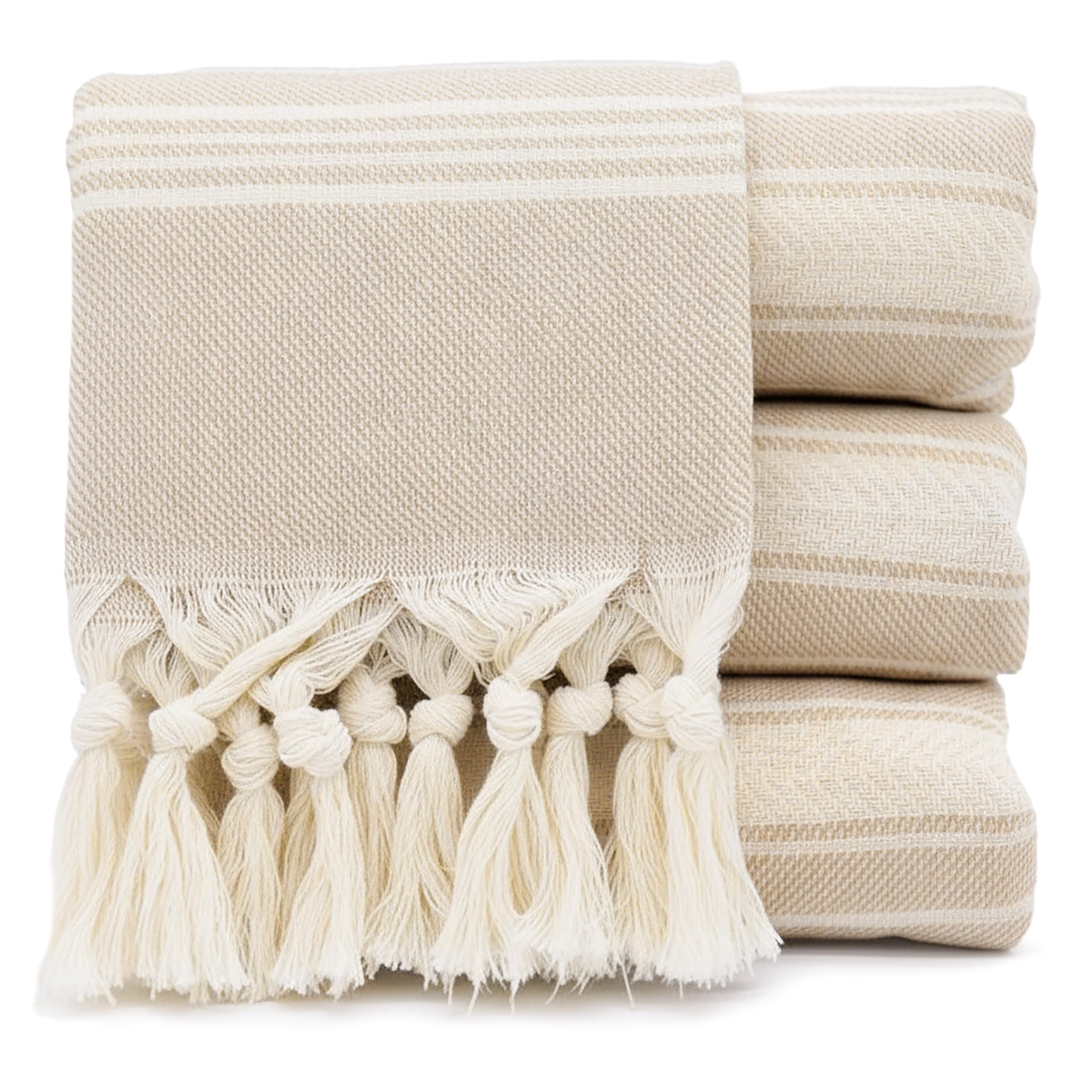 Photo 1 of Bazaar Anatolia Hand Towels - Set of 4 | 39" x 19" - Decorative Turkish Hand Towel for Bathroom, 100% Cotton, Kitchen, Face, Hair, Tea, Dishcloth, Guest Towels Cream - Stripe Beige