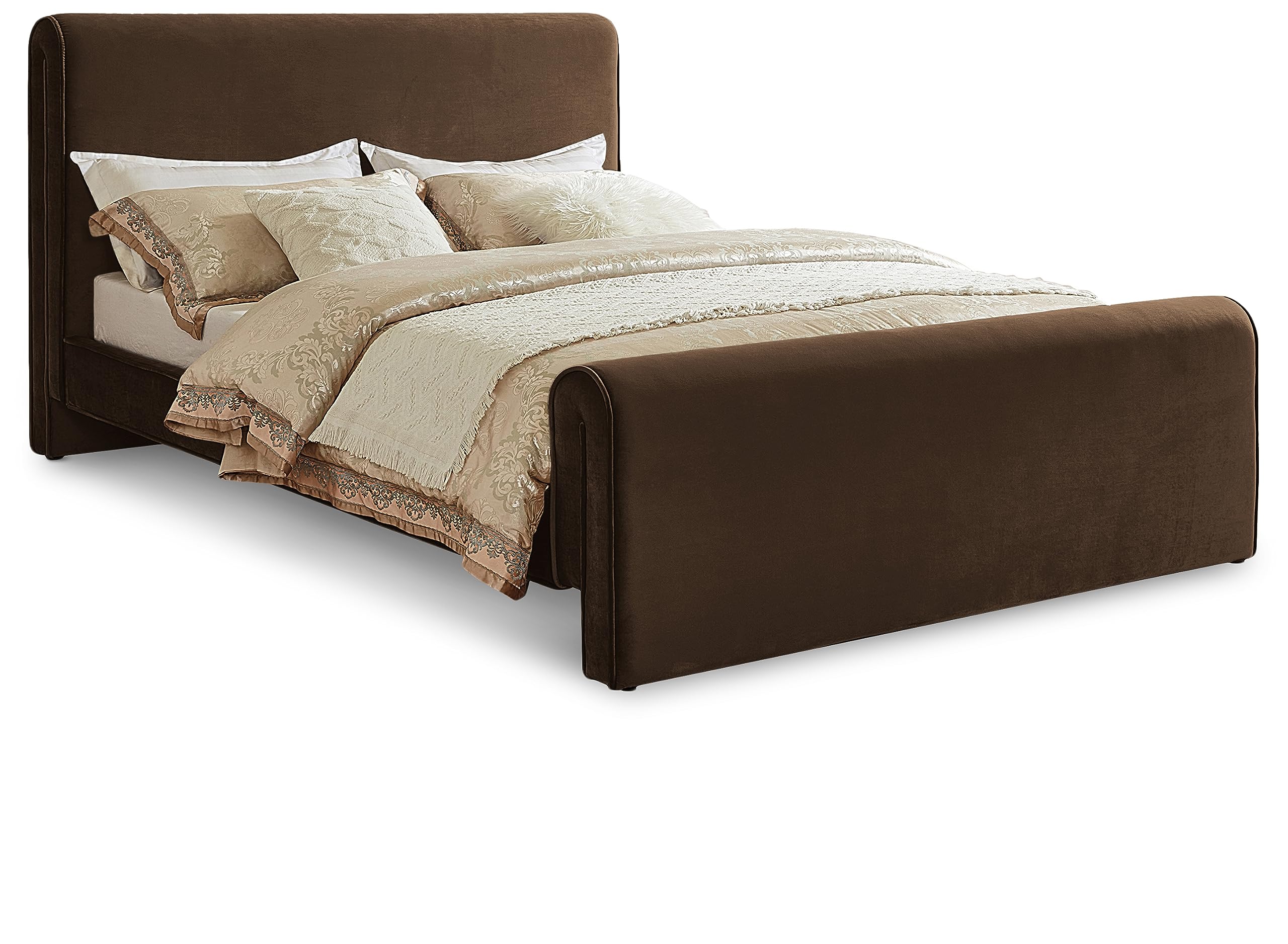 Photo 1 of *3 Box set  only box 2 and 3 missing box 1-minor damage on head board small hole* 

Meridian Furniture SloanBrown-K Sloan Collection Modern | Contemporary Velvet Upholstered King Bed with Rich Soft Brown Velvet, Curved Headboard and Footboard, 82" W x 96"