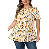 splensive Plus Size Tunics - Womens Tops 3/4 Sleeve Loose Fit Dressy Casual Long Swing Flowy Lady Blouses Shirts Wear with Leggings White Yellow Floral Flower
