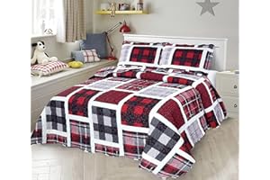 LinenTopia 2 Piece Twin-Size Kids Boys Teens Bedspread Coverlet Quilt Set with Sham,Plaid Stripes Checked Print Design Black Red Gray Multicolor Boys Kids Bedding Set, Twin, Bedspread, Plaid-RedBlack