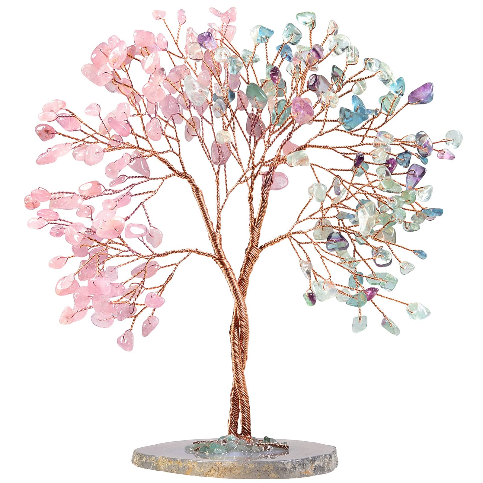Nupuyai Fluorite & Rose Quartz Twining Crystal Money Tree with Agate Slice Base, Love Stone Tree Ornament Fengshui Figurines for Home Office Wedding Decor
