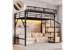 Bellemave Twin XL Loft Bed Frame with Storage Stairs, Beside Shelf & Wardrobe, Metal Loft Bed Twin XL with USB Ports & LED Light, Large Under-Bed Space Loft Beds for Adults, Teens, Kids, Black Natural