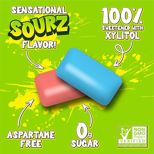 PUR JUMBO SOURZ GUM | ASPARTAME FREE CHEWING GUM | 100% XYLITOL | NATURAL FLAVOR | SOUR BLUE RASPBERRY, SOUR WATERMELON, 20 PIECES (PACK OF 1)