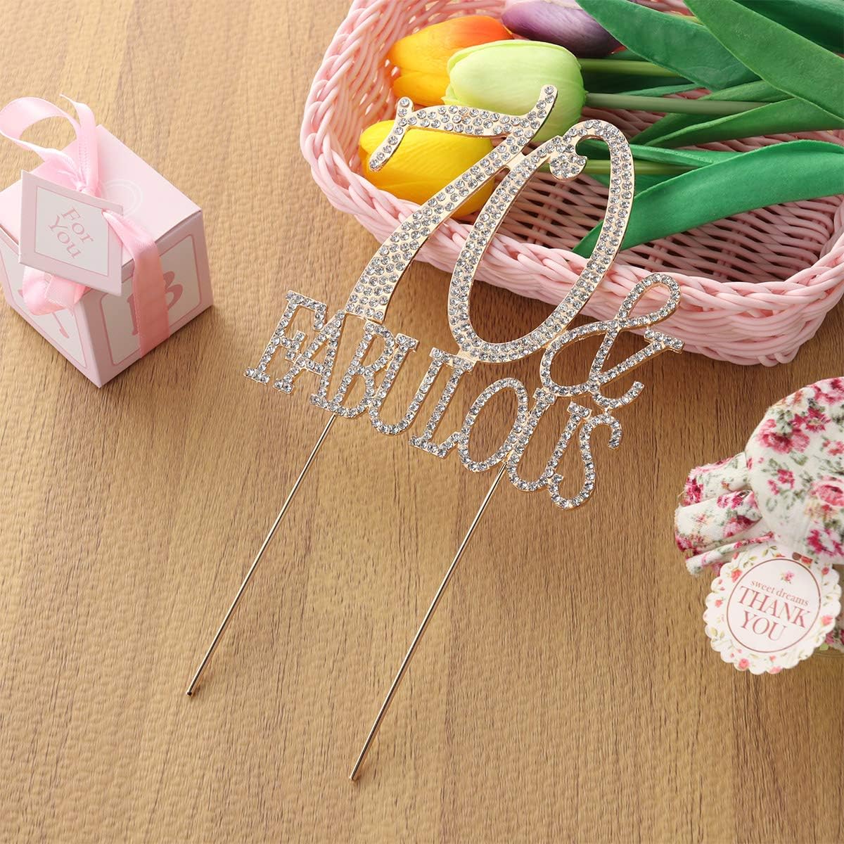YeahiBaby 70 and Fabulous Cake Topper Sparkly Rhinestone Diamond Cupcake Toppers 70th Birthday Party Decorations for Wedding Anniversary (Golden),21.8 x 12.2 x 0.3cm - Image 4