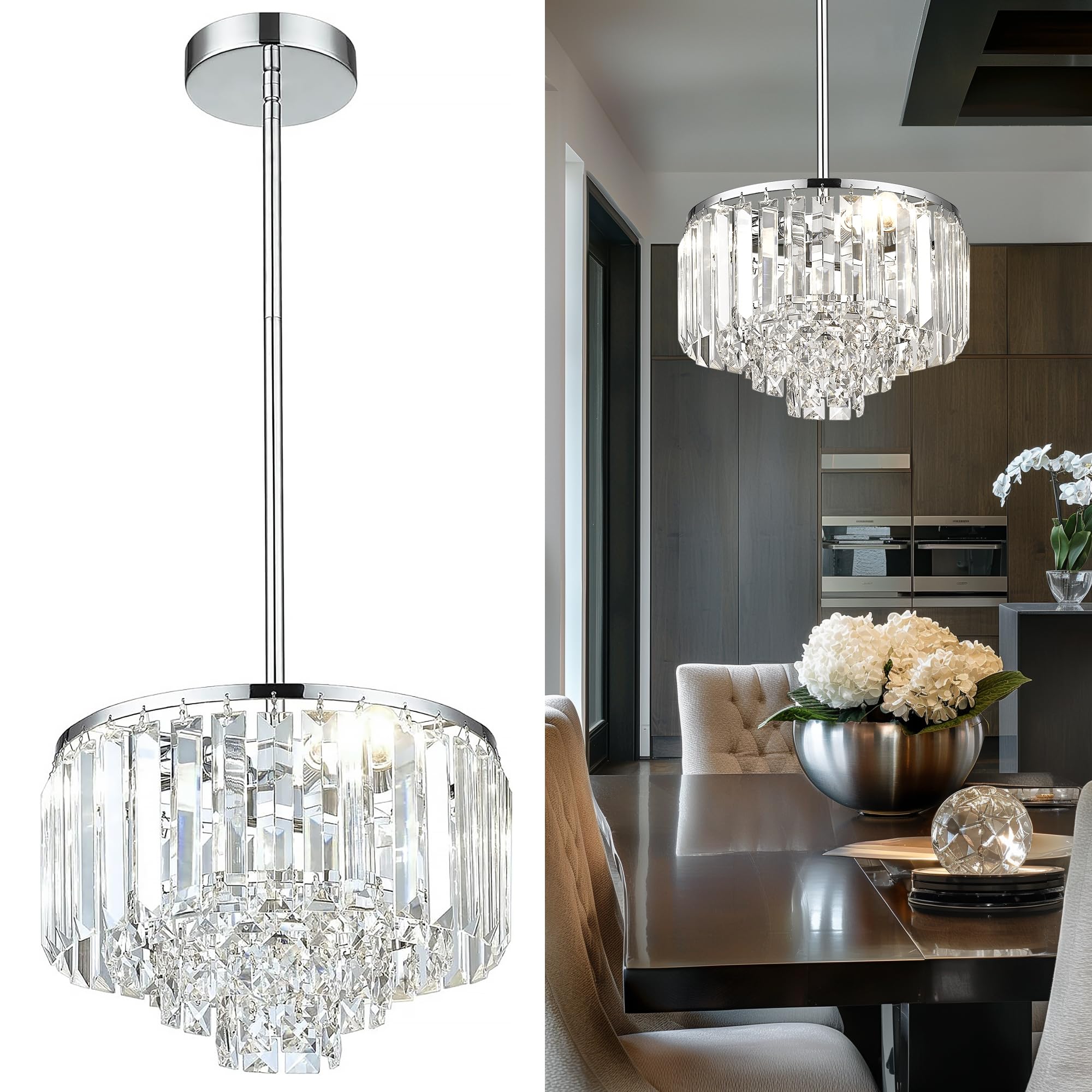 Photo 1 of Cargifak Crystal Chandelier, 4-Tier Modern Chandelier with Polished Chrome Finish, Pendant Light for Dinning Room Kitchen Island Bedroom Entryway, CC4215-3W-PC