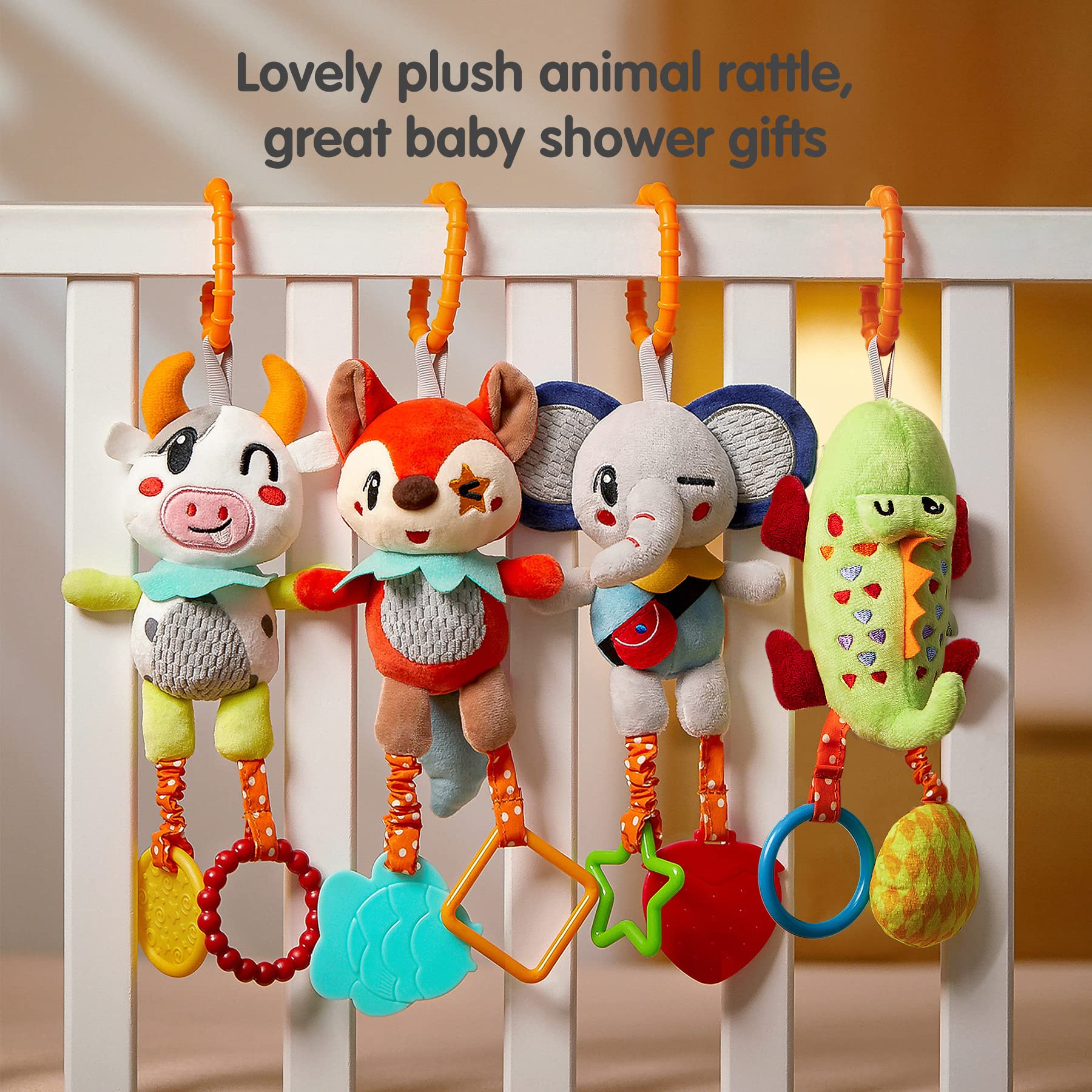 TUMAMA 4 Pack Baby Toys for 0 3 6 9 12 Months, Hanging Crib Toys for Newborn Infant Development, Car Seat Stroller Soft Plush Rattles Toy for Babies