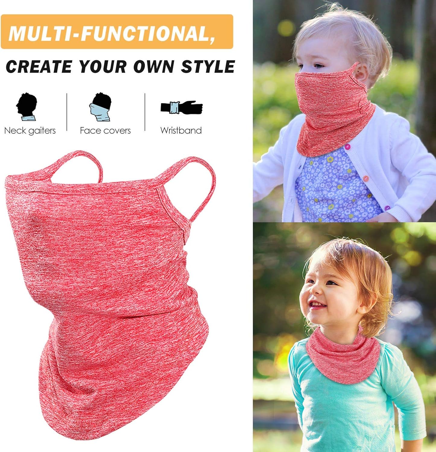 MoKo Kids Neck Gaiter Face Mask, 3 Pack Scarf Bandana Mask with Ear Loops for Kids Balaclava UV Sun Protection Dust Wind Proof Children Outdoors Cycle Skating Bandanas Headband for Girls Boys: Computers & Accessories