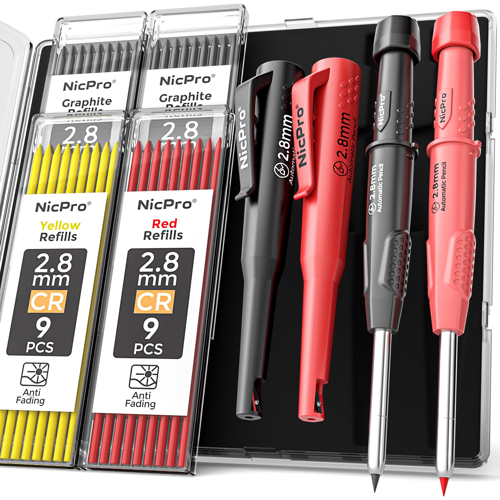 Photo 1 of Nicpro CP3000 Carpenter Pencils with Sharpener, 2 Pack Mechanical Pencil Set with 38 Refills, Carpenter Construction Pencil Heavy Duty Woodworking Tools for Architect Marking (Black, Red) - With Case