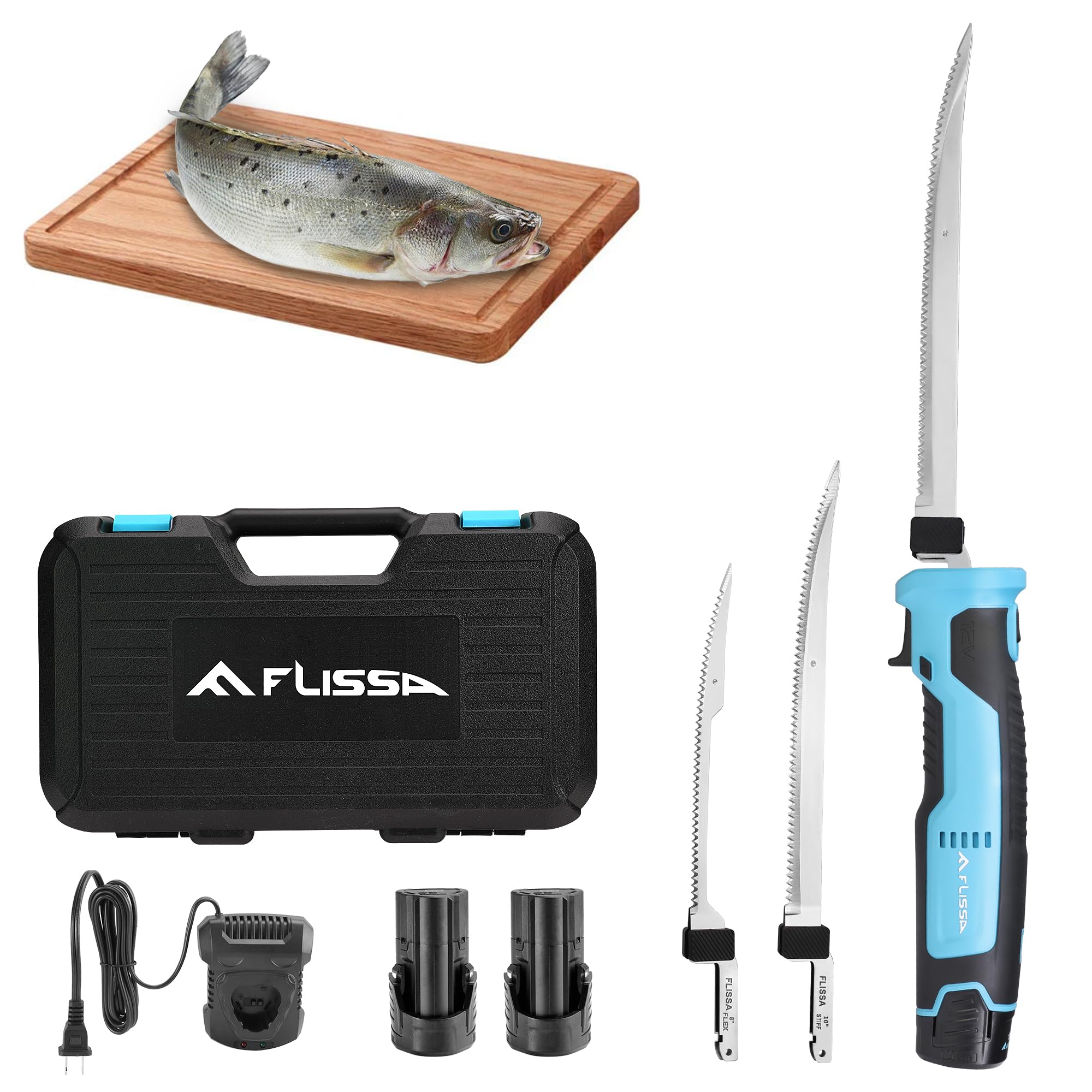 Photo 1 of FLISSA Cordless Electric Fillet Knife for Fish with 8" and 10" Stainless Steel Blades, Rechargeable Electric Knife with Non-Slip Handle, 2 Packs Long Lasting Lithium-ion Battery, Portable Carry Case