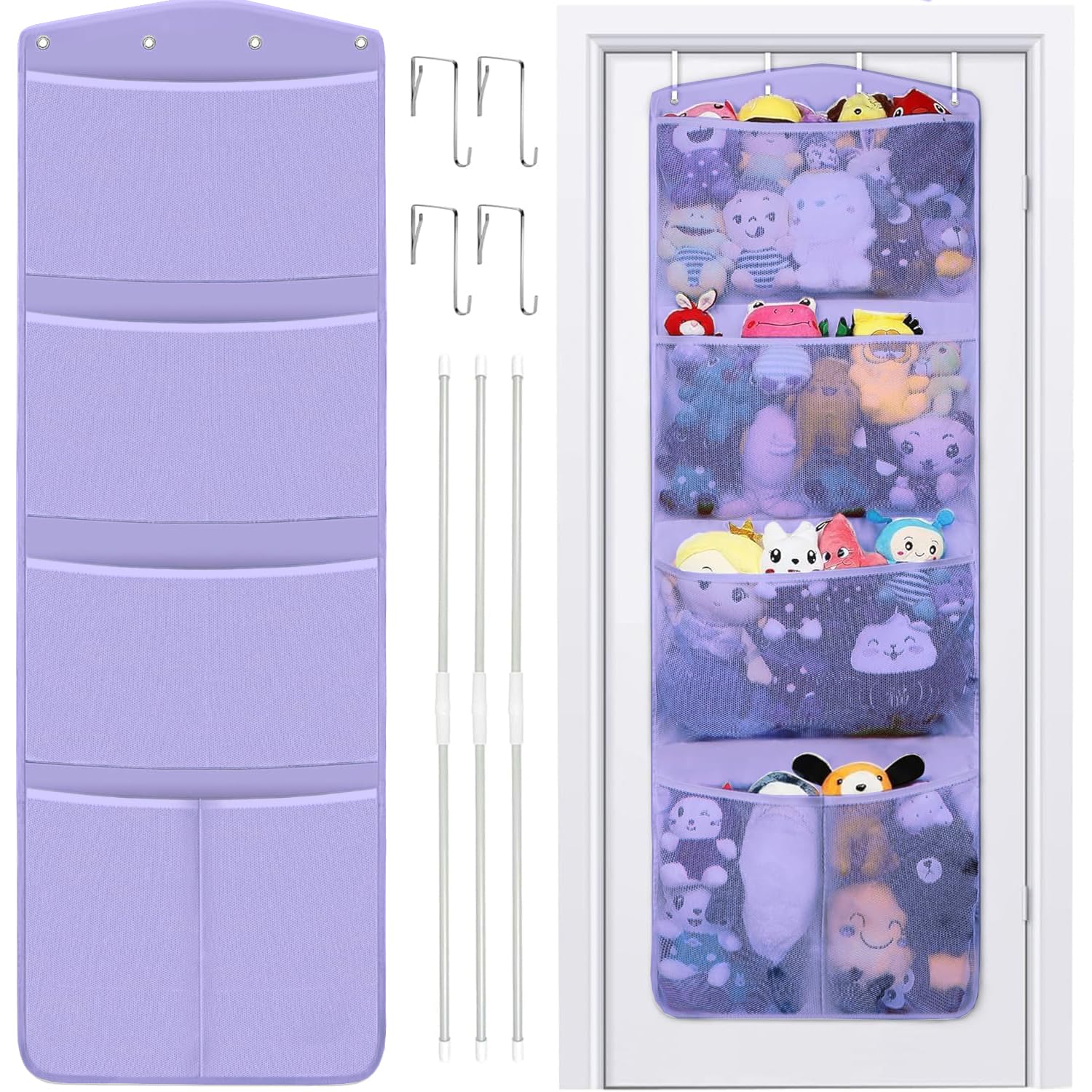 Stuffed Animal Storage, with 3 Large Pockets and 2 Medium Pockets, Over The Door Organizer Storage for Closet, Baby, Plush Toy, Hanging Door Organizer for Nursery, Bedroom, Bathroom, Kids Room(Purple)