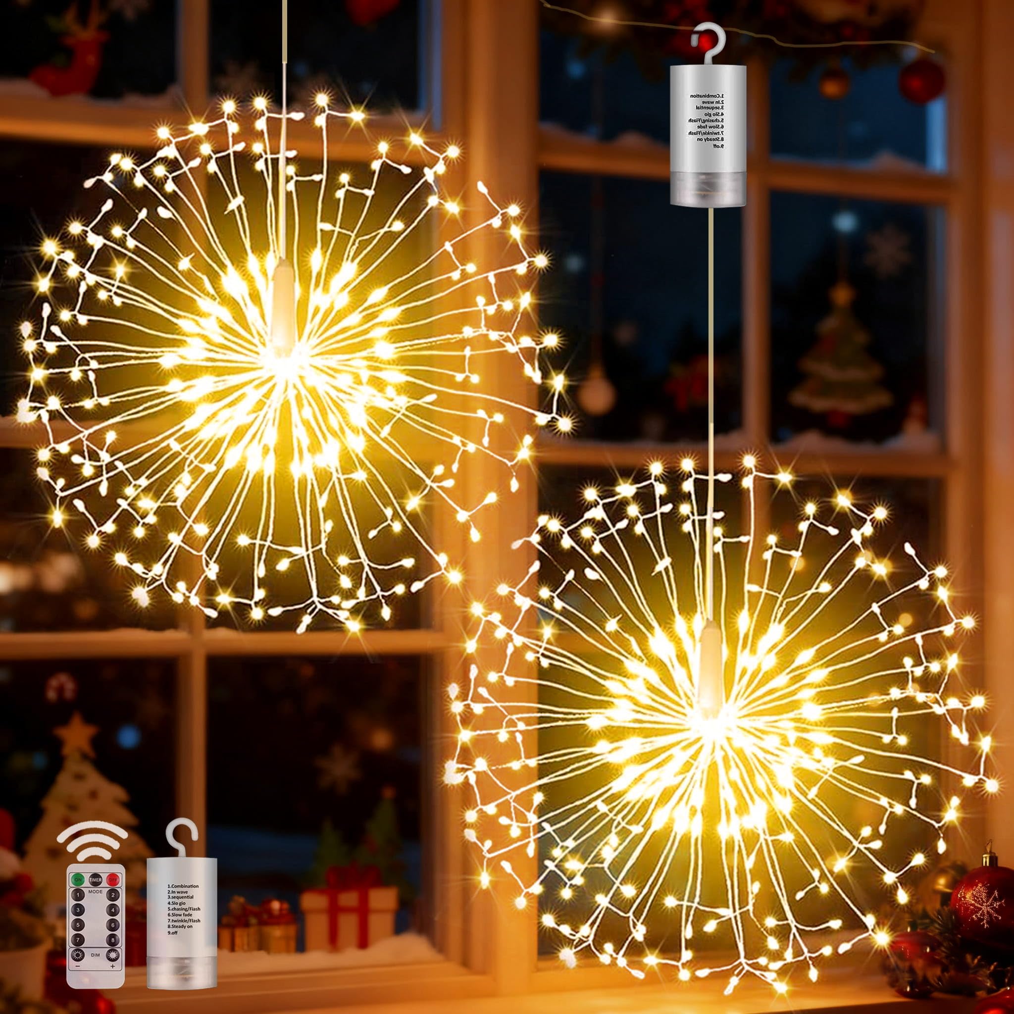 yowin Hanging Christmas Firework Lights 2 Pack 198 LED Starburst Lights Battery Operated with Remote, 8 Modes Waterproof Hanging Christmas Window Light for Door Xmas Tree Outdoor Indoor Decorations