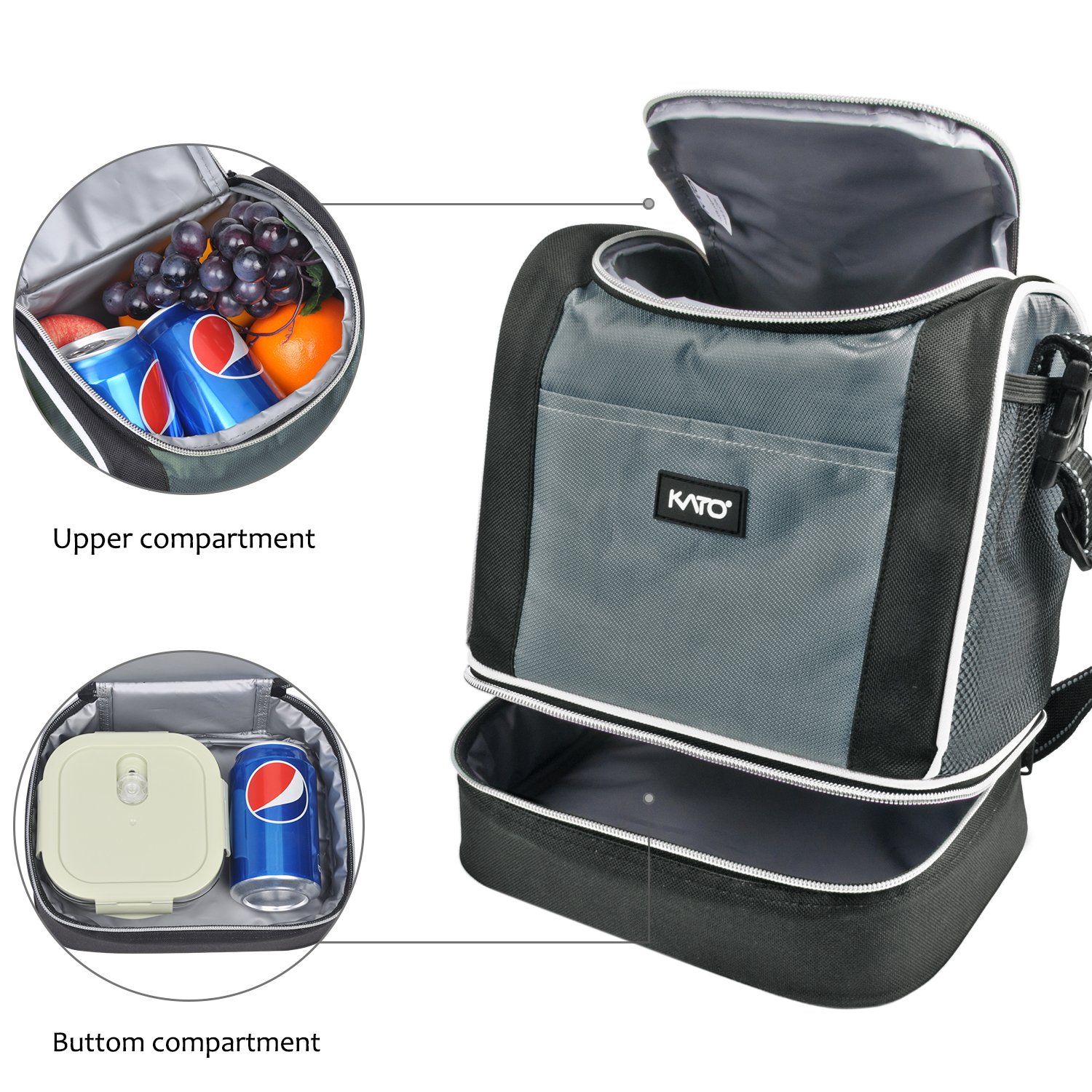 Kato Insulated Lunch Bag, Dual Compartment Portable Bento Cooler Totes for Men and Women, Gray