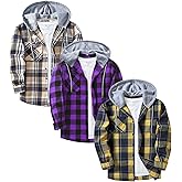 ZITY 3 Pack Men's Flannel Hoodie Shirts Long Sleeve Casual Vintage Button Down Plaid Shirt Jacket with Pocket