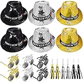 Cuffbow 18 Pcs 2026 New Years Eve Party Supplies Include 6 Happy New Year Hats with Sequin 6 Plastic Eyeglasses 6 Tassel Noise Makers Party Favors for Adult