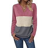 Zeagoo Women's Waffle Shirts V Neck Long Sleeve Tops Color Block T-Shirts Casual Pullover Tunics 2025 Fashion Basic Tees