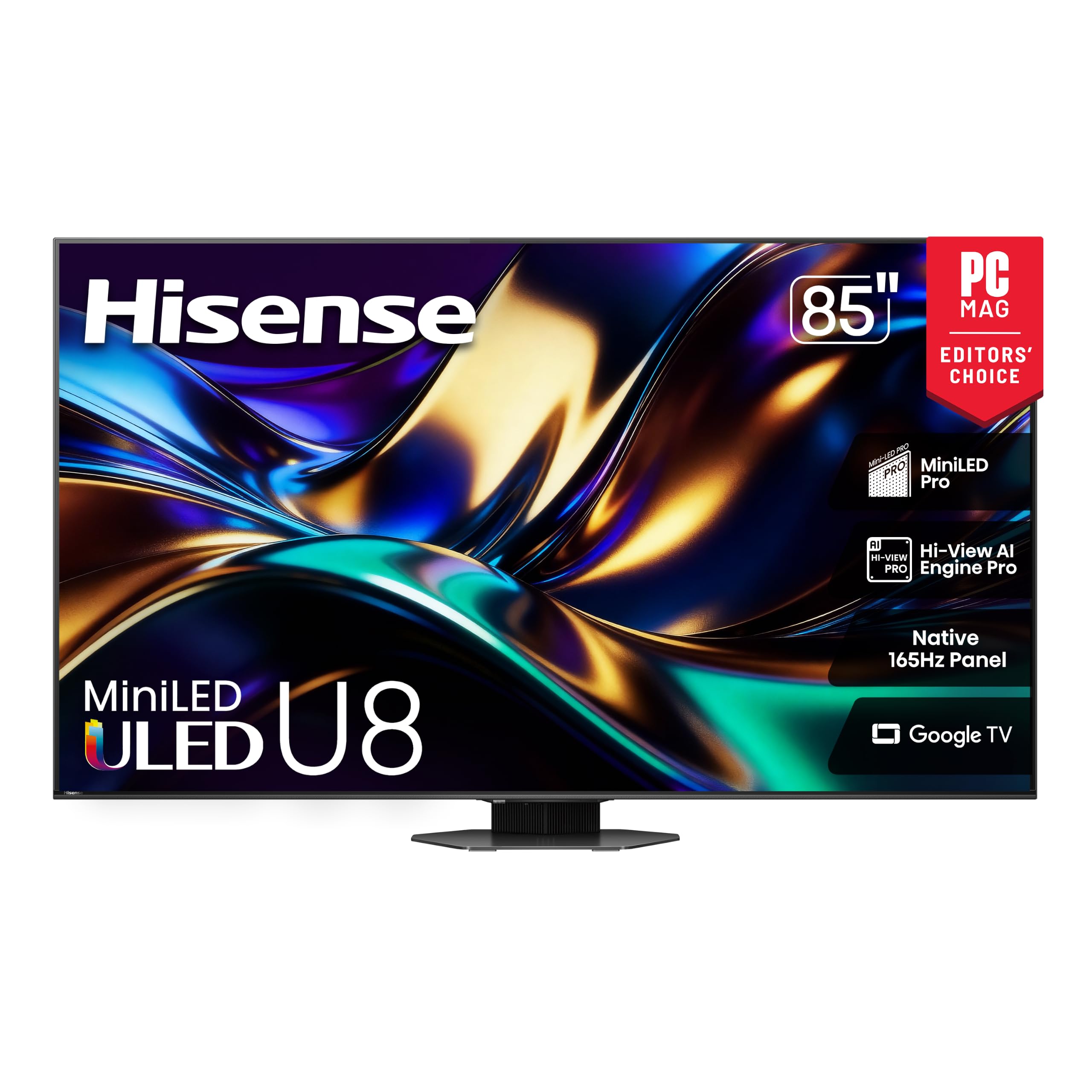 Hisense 85" U8 Series ULED Mini-LED 4K UHD Smart Google TV (85U8QG) - QLED, Native 165Hz, VRR 288, Up to LD5600, 5000 Nits, HDR10+, Dolby Vision IQ · Atmos, IMAX Enhanced, 4.1.2 Ch Audio