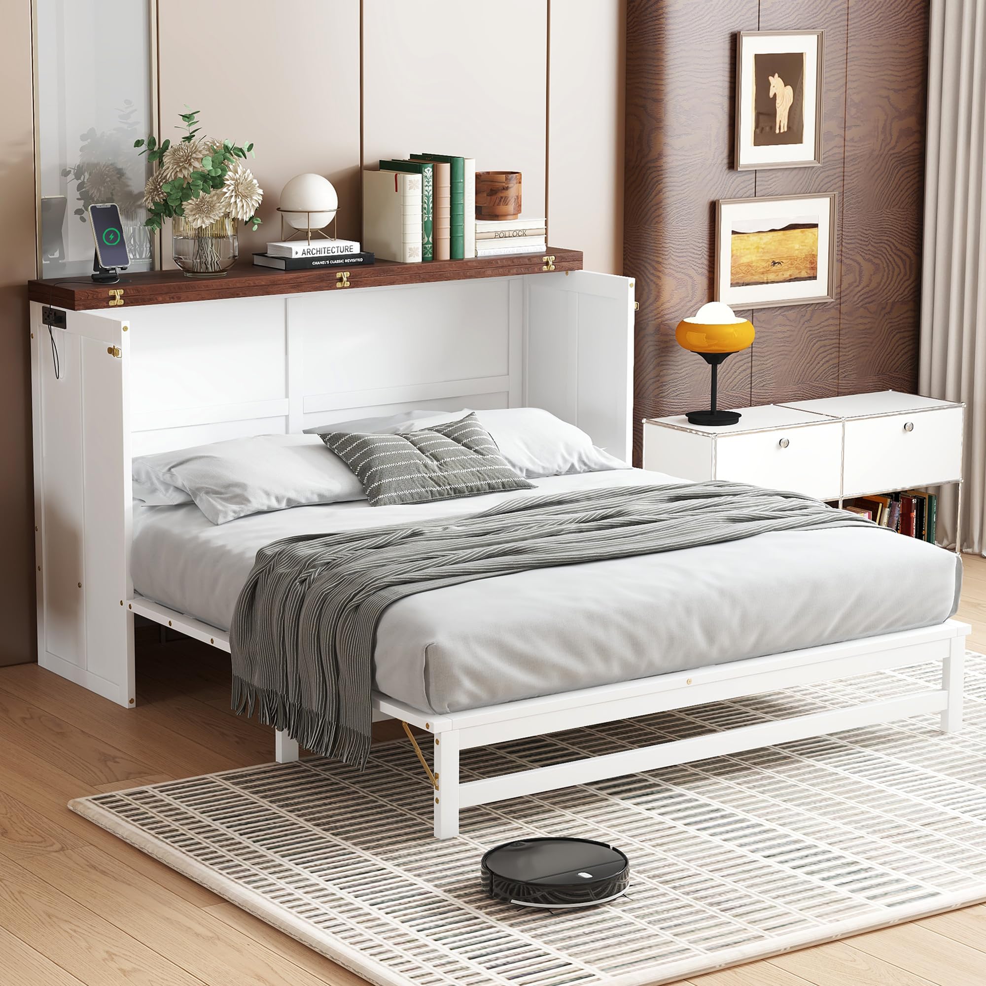 Photo 1 of **MISSING HARDWARE**Ball & Cast Queen Size Murphy Bed W/Storage Drawer,Murphy Bed Cabinet W/ 2 USB Port & Power Outlets,Hidden Foldable Wall Bed Frame for Home Office,Apartment,Guest Room,White-Walnut