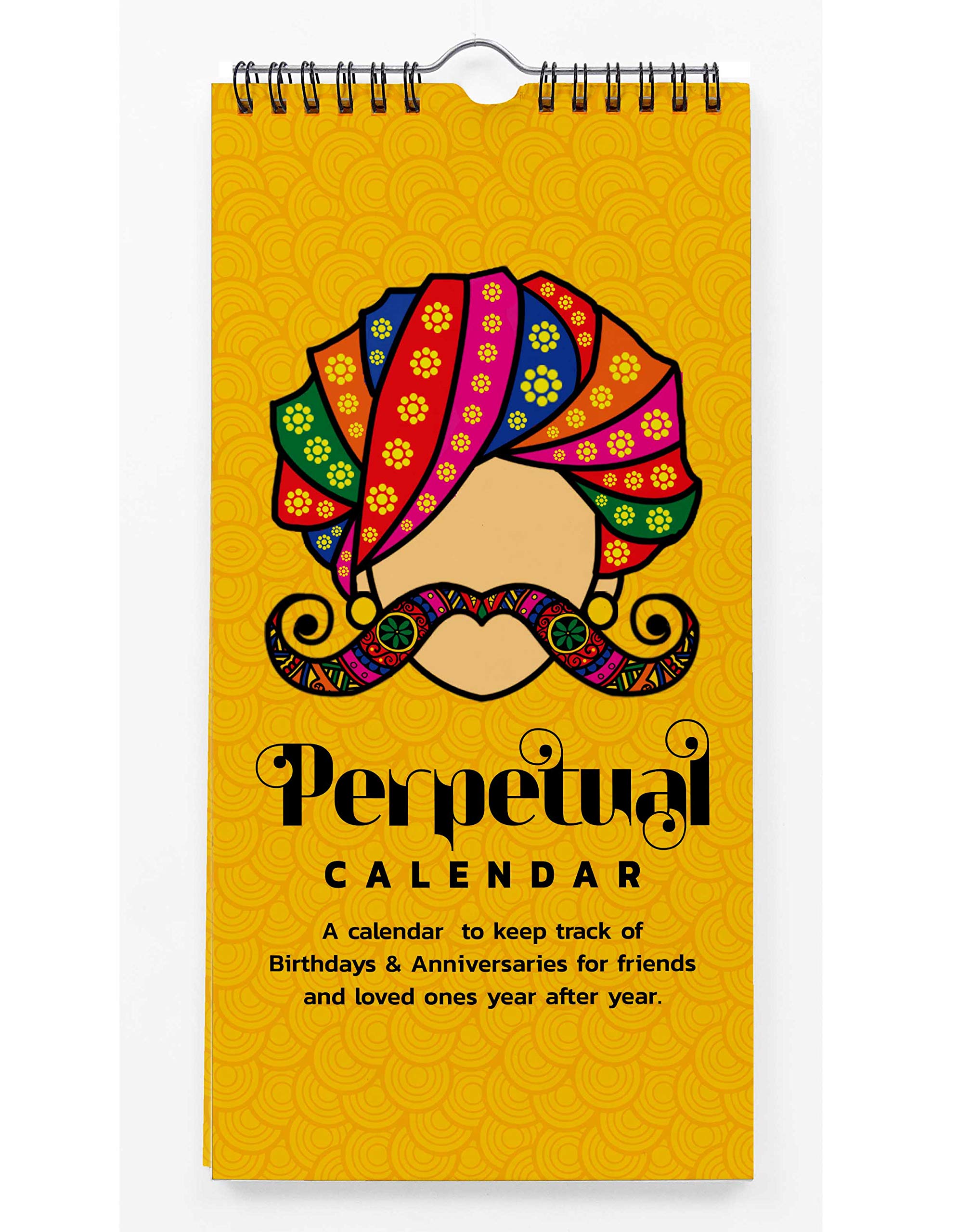 Inkdotpot Indian Moustache & Turban Rustic Perpetual Calendar Birthday Wall Hanging Anniversary Special Event Reminder Calendar Book Journal Wall Hanging Birthday Gift Card Planner Organizer