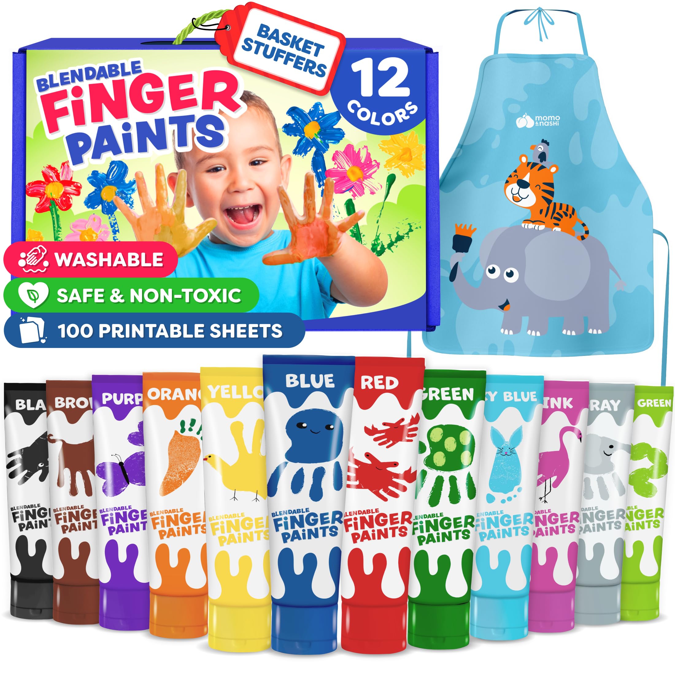 Washable Finger Paints for Toddlers - 12 Colors Non Toxic Baby Safe Paint for Hands and Feet, Toddler Art Supplies, Preschool Learning Gifts for Kids, Painting Easter Gifts for Kids Ages 3 4 5