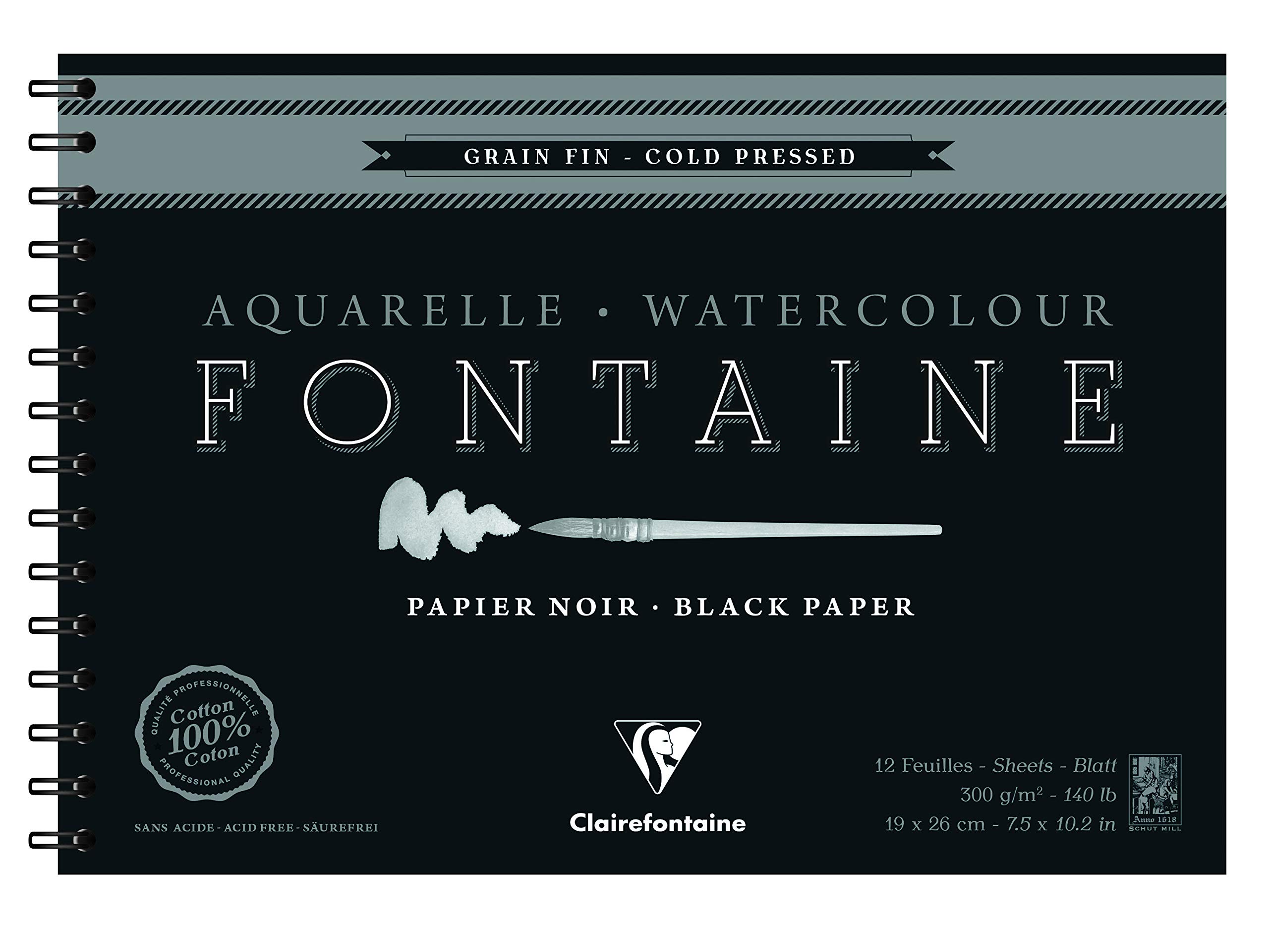 Clairefontaine - Ref 975313C - Fontaine Cold Pressed Black Watercolour Wirebound Pad (12 Sheets) - 19 x 26cm Size, 300gsm Paper - Suitable for Watercolour Artwork