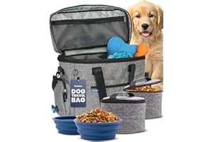 RUBYLOO The Original Doggy Bag™ - Complete Dog Travel Bag for Supplies with 2 BPA-Free Travel Dog Bowls & 2 Pet Food Containers - Traveling Kit for Road Trips, Camping, Weekend Away or Doggy Gift - Grey
