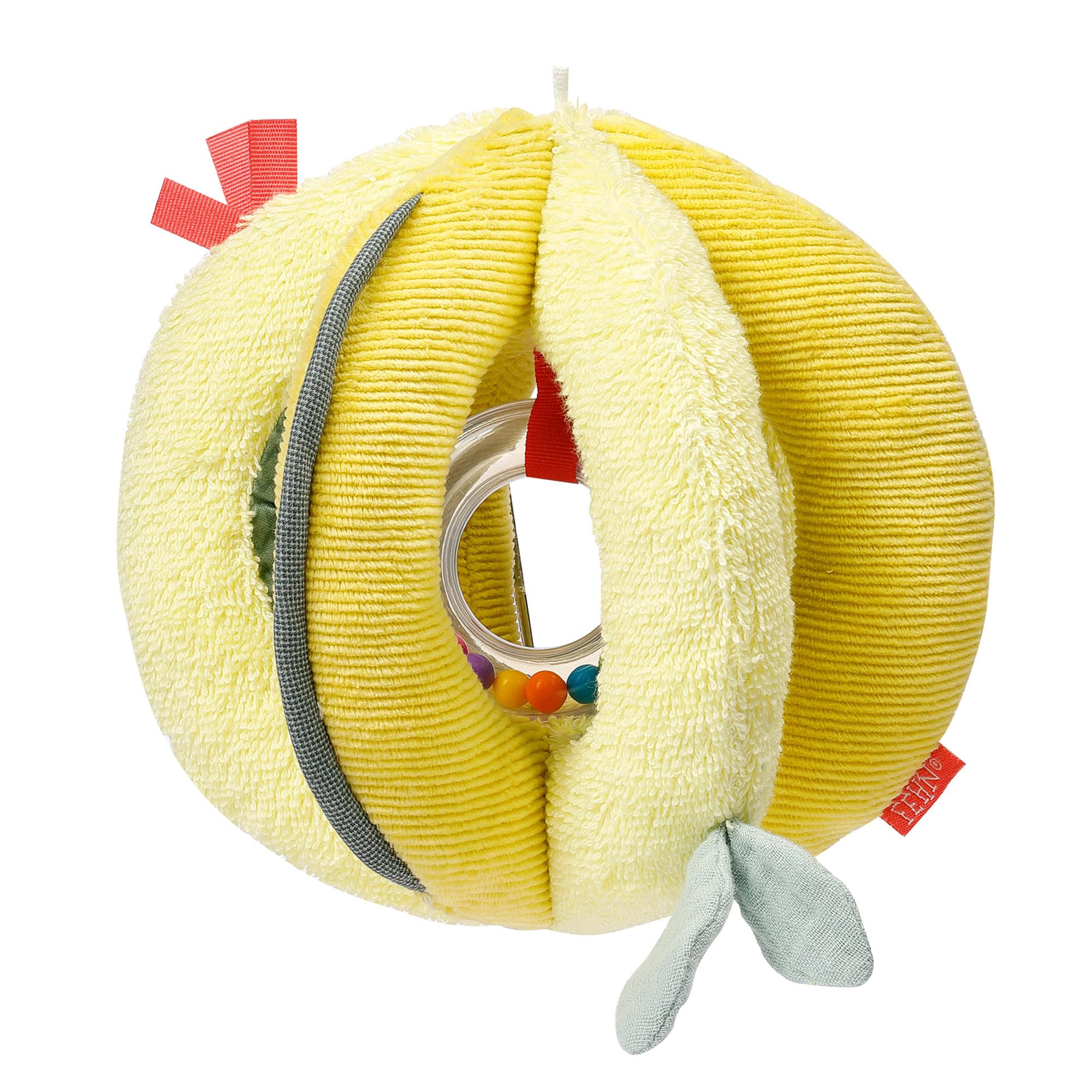 Fehn Activity Grasping Ball Happy Dino - Play Ball with Rattle, Rustle Paper & Squeaker - Ball Baby Toy - Fabric Ball for Promoting Motor Skills - Toy for Babies and Toddlers from 0+ Months