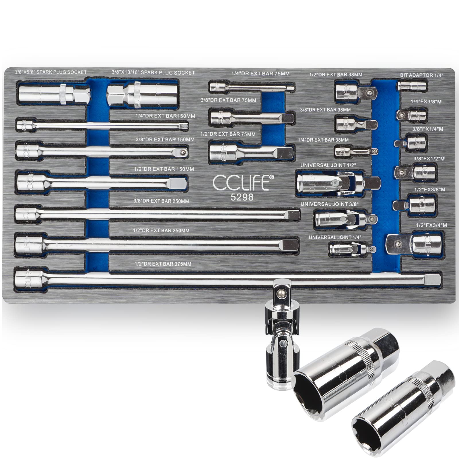 CCLIFE 23-Piece Socket Spanner Extension Set 1/4 Inch 3/8 Inch 1/2 Inch Ratchet Ratchet Connector Parts Including Socket Adaptor Universal Joint Spark Plugs Nut | Cr-V