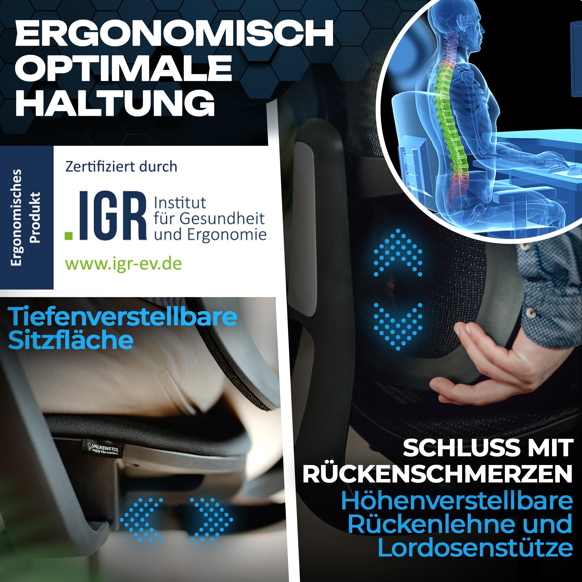 VALKENSTOL M5 Bürostuhl Ergonomisch Testsieger, Einstellbarer für maximale Bewegungsfreiheit, Rückenfreundliche Bürostühle, Lendenwirbelstütze Schreibtischstuhl für Büro und Home Office Chair 3