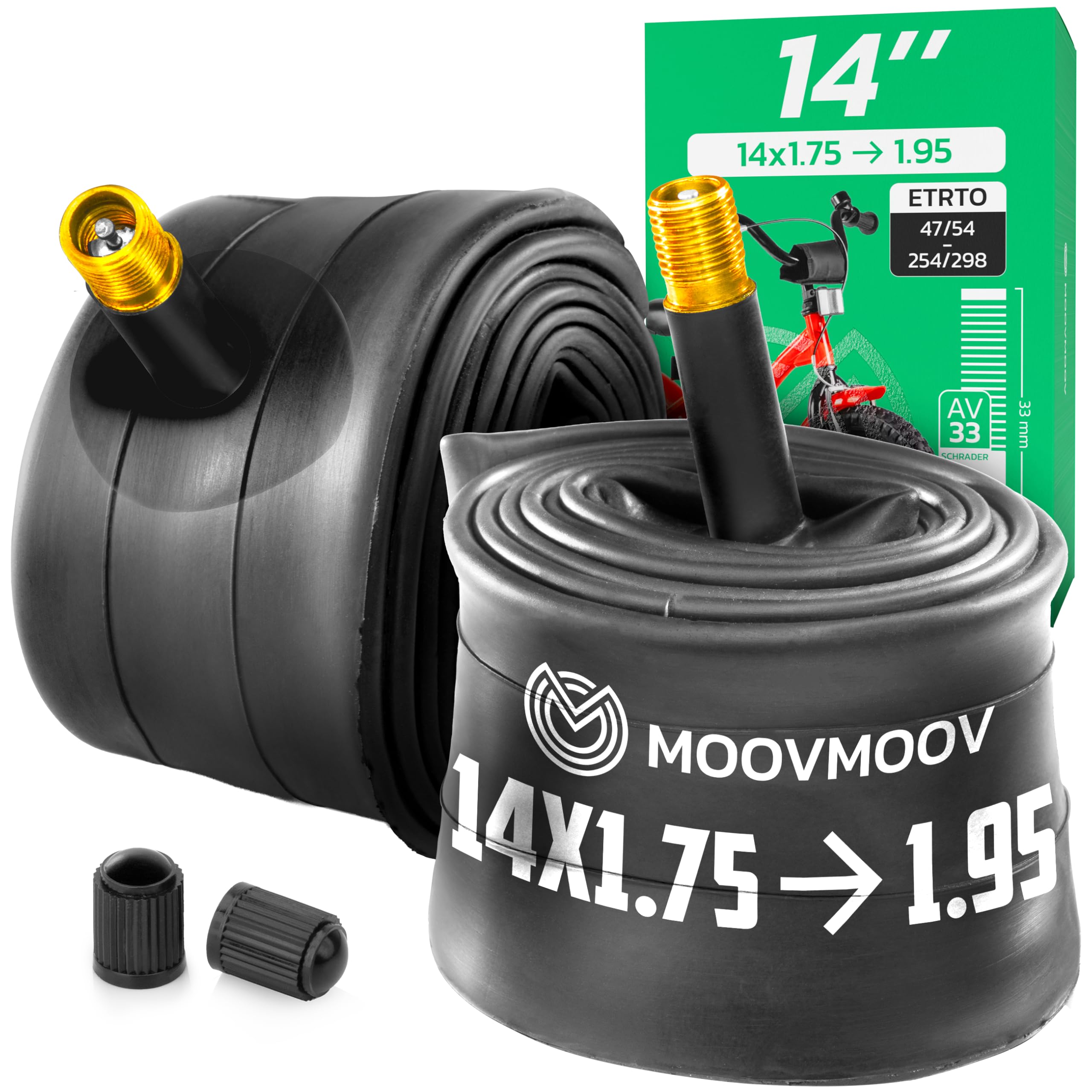 MOOVMOOV 14 Inch Inner Tube - Fits Tyres 14x1.75 and 14x1.95 (ETRTO 47-254 to 54-254) - Schrader Valve - Pack of 2 - Bike and More