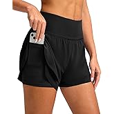 SANTINY Women's 2 in 1 Running Shorts with Pockets 3" High Waisted Exercise Workout Athletic Shorts for Women with Liner