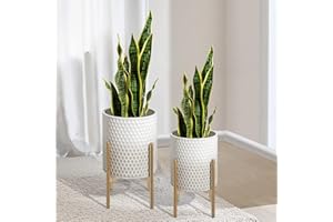 Oakrain Mid Century Planters for Indoor Plants, Set of 2, Modern Decorative Metal Pots for Living Room, Office, Garden or Balcony, Gray and White Gradient Planter with Stand, 8 inch&10 inch