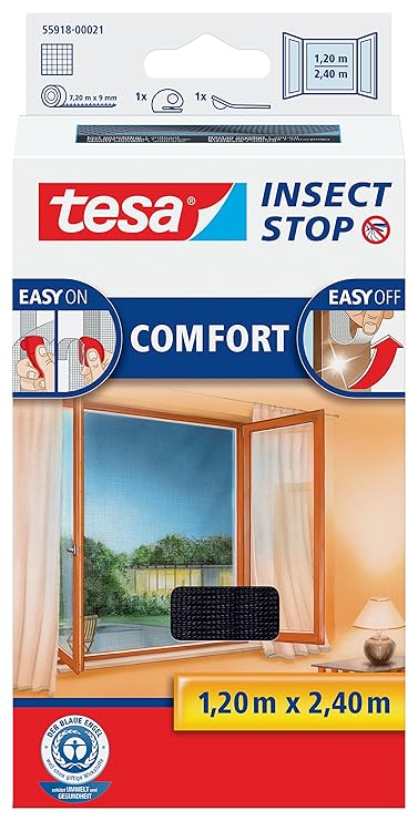 tesa Insect Stop COMFORT Fliegengitter für bodentiefe Fenster - Insektenschutz selbstklebend - Fliegen Netz ohne Bohren - Ant