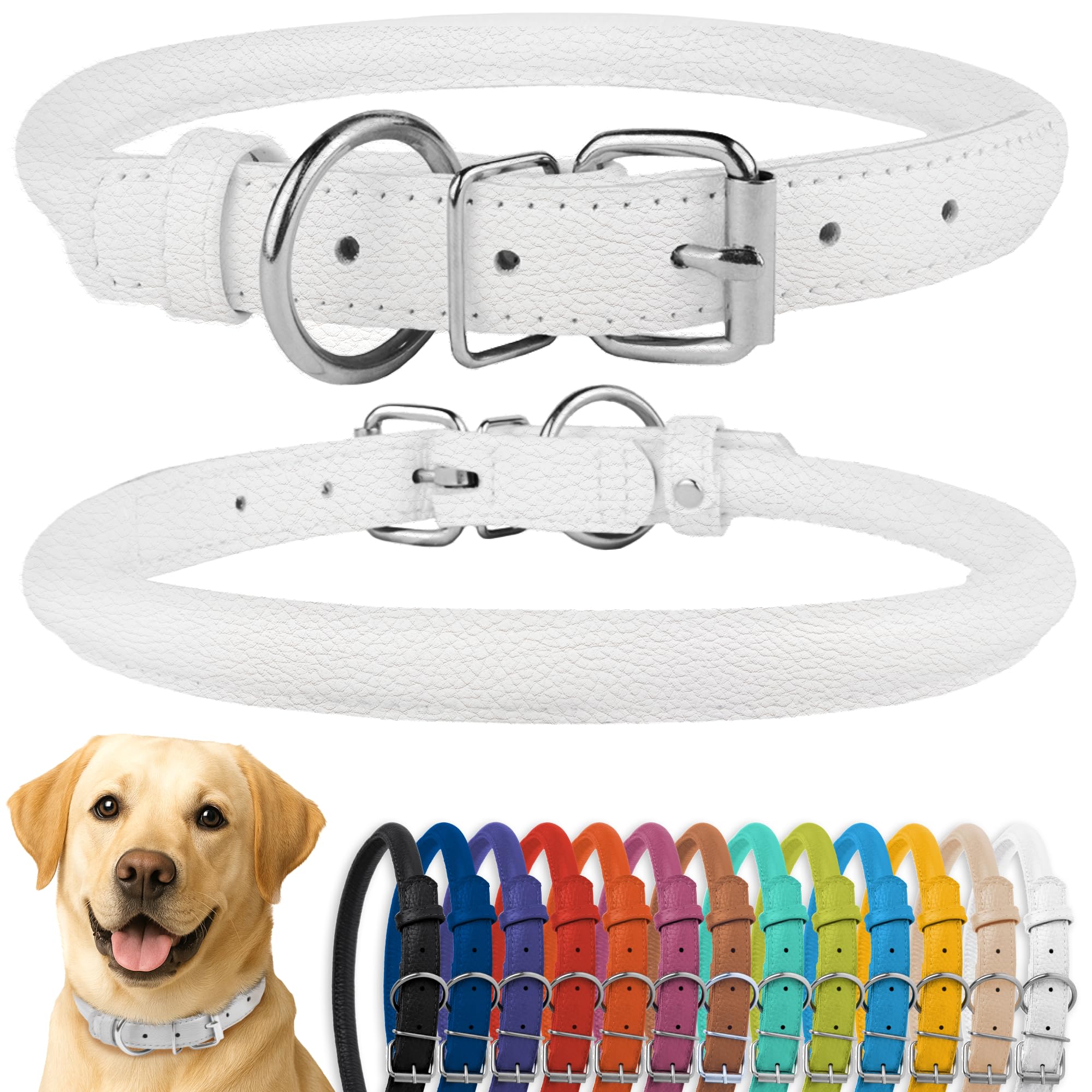 CollarDirect Rolled Leather Dog Collar, Soft Padded Round Puppy Collar, Handmade Genuine Leather Collar Dog Small Large Cat Collars Black Pink Red Purple Blue (White, 48-53 cm)